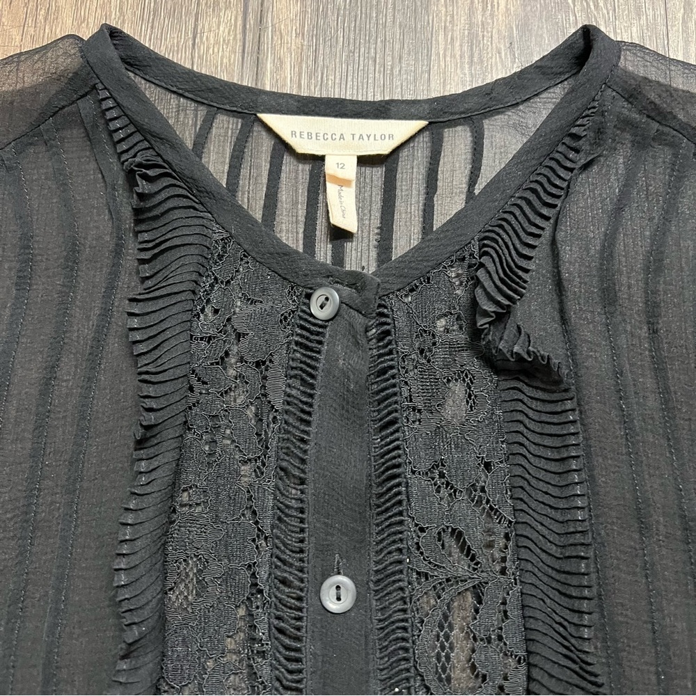 Rebecca Taylor Black Crewneck Long Sleeves Ruffled Button Up Sheer Blouse 12 - Picture 9 of 12